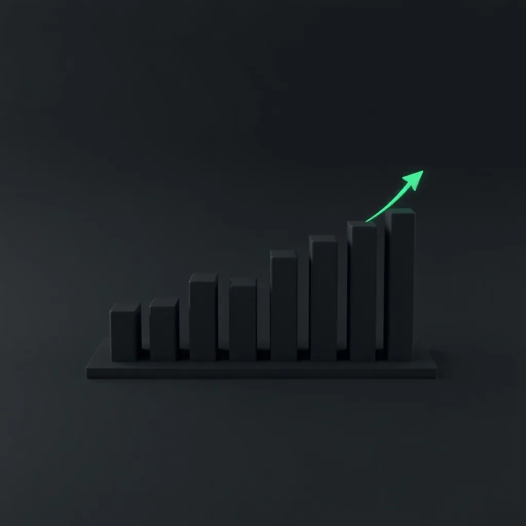 A minimalist 3D bar chart showing exponential growth, dark b