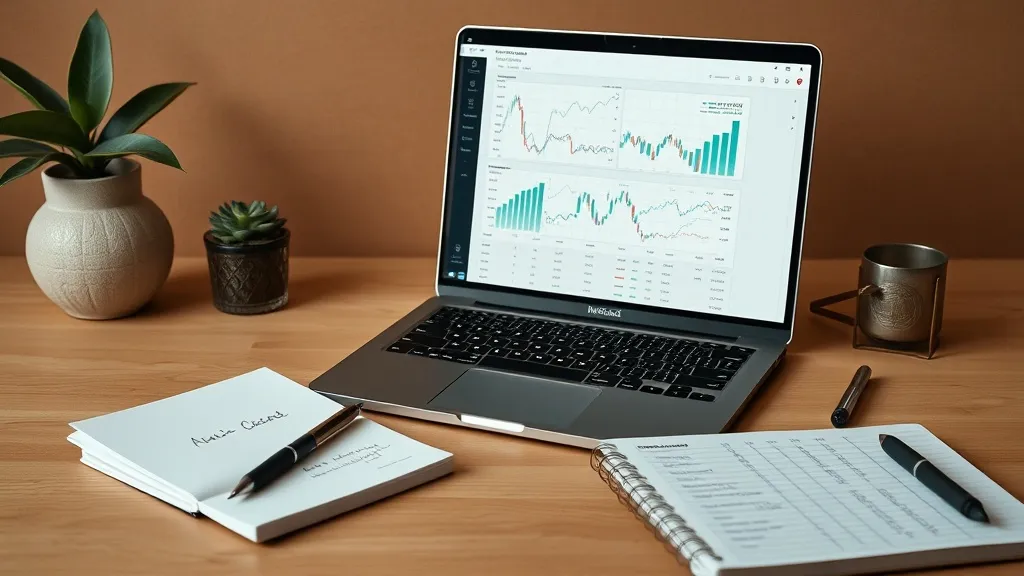 A minimalist workspace with a laptop showing financial chart