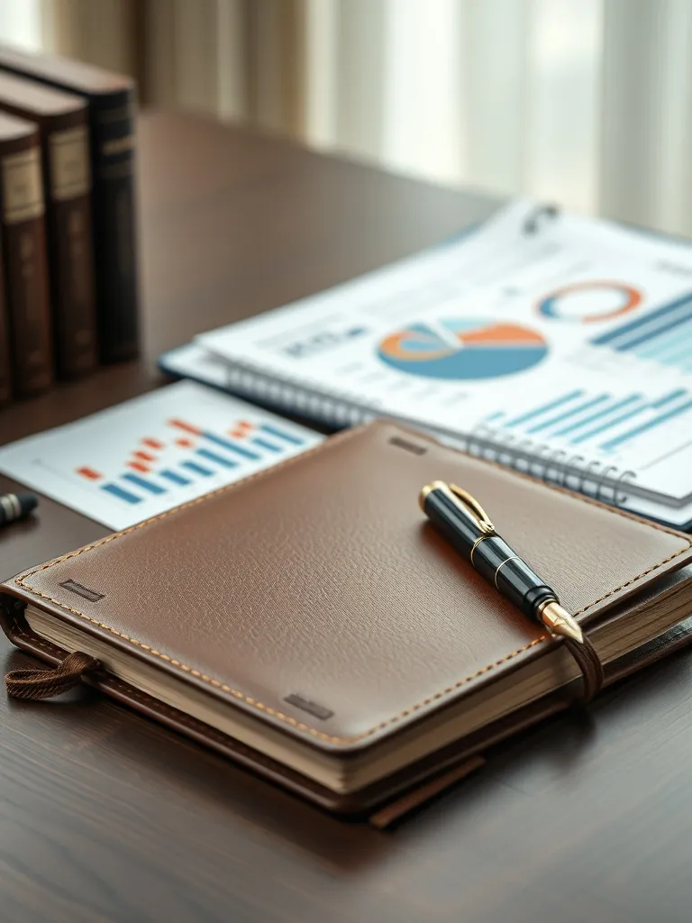 A professional office desk with a leather notebook, a founta