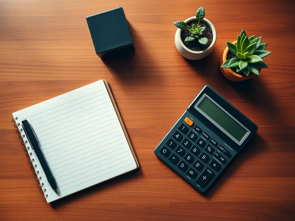 A professional wooden desk with a calculator, a notebook, an